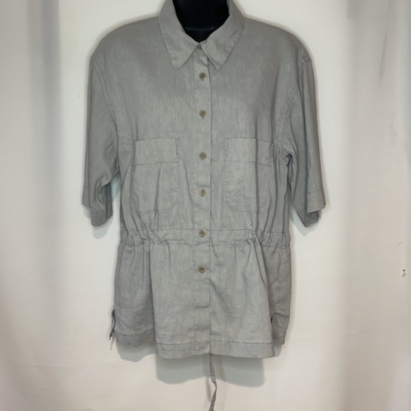 Eileen Fisher short sleeve linen and viscose button camp drawstring waist shirt - Picture 2 of 7